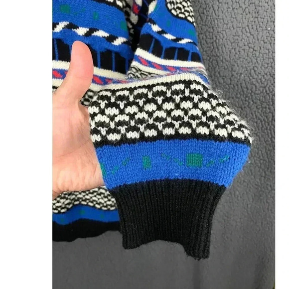 VTG Knit Pullover Sweater XL Crew Neck Blue White Kitsch 1990s Lightning Bolt - Picture 5 of 8
